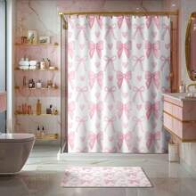 1/4pcs Pink Heart & Bow Bathroom Set, Includes Shower Curtain, Bath Mat, U-Shaped Toilet Lid Cover, Toilet Seat Cover, Fashionable Curtain/Shade, Waterproof, Machine Washable, No Drilling Required