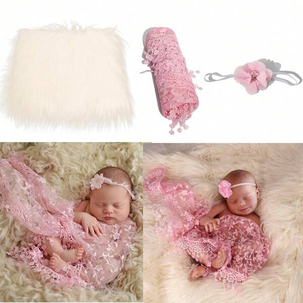 Set de 3 accesorios de fotografía recién nacido con manta de piel sintética larga, envoltorio con flecos de encaje y diadema floral - Conjunto de ropa suave para fotos de bebé niña
