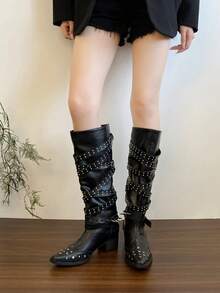Vintage Rivet High Shaft Pointed Toe Chunky Heel Side Zipper Long Boots, Women's Summer & Autumn/Winter Versatile Knee-High Western Cowboy Riding Boots, Retro British Style - Black - View 4