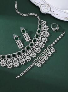 5pcs/Set Luxury European & American Style Exaggerated Red Gem, Green Gem, Cubic Zirconia Copper Necklace, Earrings, Open Ring, Bracelet 4-Piece Jewelry Set. Suitable For Banquet, Party, Bride, Wedding. Gift For Mother, Teacher, Girlfriend