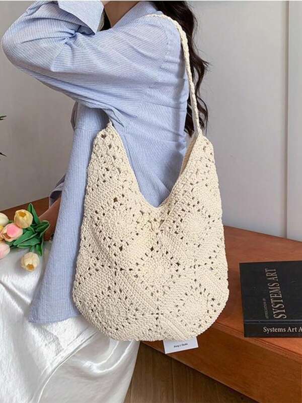 Handmade Hollow Crochet Tote Bag, Large Capacity For Summer Beach Travel, Chic Lady Bag