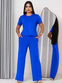 Women's Comfort Casual Sweatsuit Set - 寶藍色 - 查看 2