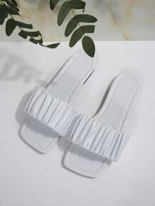 Sandalias blancas elegantes para mujer, de una sola tira con volantes, con punta cuadrada, cómodas y de talla grande - Blanco - Ver 3