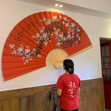 Giant Large Hanging Fan Chinese Decorative Fan Large Folding Fan Extra Large Background Wall Decoration Mural Chinese Fan Half-Moon Window Decoration Traditional Handmade Bamboo Decorative Folding Fan Perfect For Home Decoration, Wedding, Photography Background And Cultural Events | Auspicious Design | Exquisite Details, Chinese Home Decoration - 紅佈白梅 - 查看 12