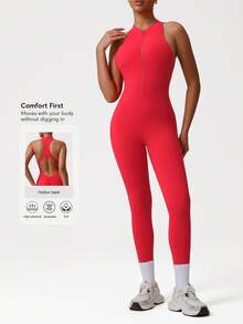 Sodalemon Women's Sleeveless Fitness Jumpsuit With Half Zipper, Backless, Lifting Butt, Tight Fit Yoga Gym Activewear - Red - View 2