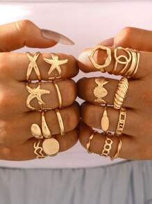 3/5/10 Pcs Set Of Starfish, Seashell, Heart, Knot, Chain, Geometric, Round, Teardrop, Plain Solid Band Rings, Fashion, Simple, Elegant, Vintage Design, Suitable For Holiday, Party, Date, Gift, Daily Wear
