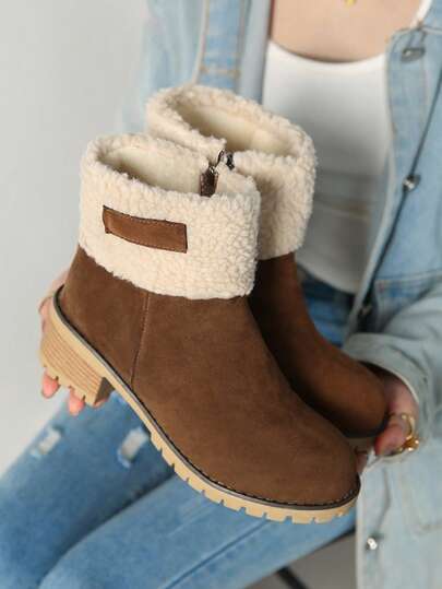 女士二合一人造毛皮内衬中筒厚跟雪地靴，欧美风格，大码，秋冬季，派对