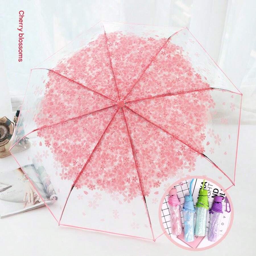 1 Pc Umbrella, Folding Cute Goddess Style, Korean Kawaii Minimalist Sakura Floral Print Transparent Umbrella