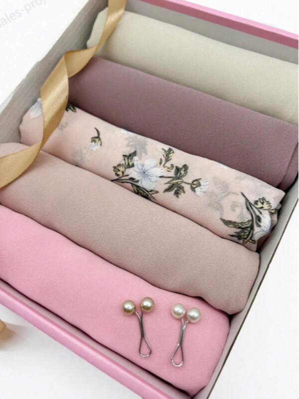 5pc/1bag Solid Color And Digital Printing Chiffon With Pearl Pleated Scarf Hijab Simple Fashion Muslim Women's Plain Shawl