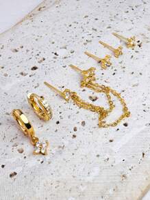 6Pcs/Set Flower Dangle Hoop Star Stud Stackable Earring For Women, Casual Zirconia, 14K Gold Plated Earring Stacks Hypoallergenic Lightweight Vacation Party Jewelry Accessories For Women Girl