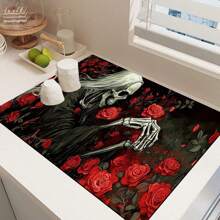 1 pieza Felpudo absorbente con estampado de esqueleto de Halloween para encimeras de cocina, tazones, platos, con alta absorbencia que oculta las manchas, con respaldo de goma, estera multifuncional para cafeteras, escurreplatos, utensilios de cocina