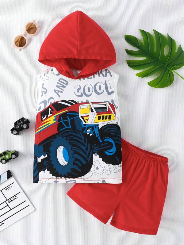 2 pièces/Ensemble T-shirt à capuche sans manches et short imprimé voiture COOL pour garçons, été