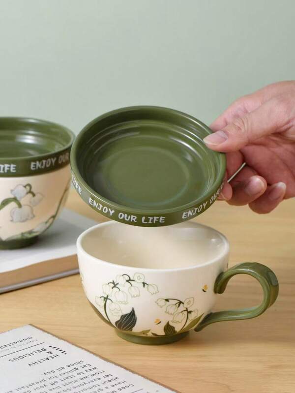 1 pieza Juego de taza y platillo de café con tapa de estilo vintage campestre en color verde, taza de cerámica de gran capacidad, regalo único para mujeres