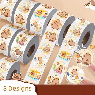 500pcs Stickers Per Roll Featuring Adorable Capybara Designs, Suitable For Decorating Journals, Notebooks, Envelopes, Gifts, School And Office Supplies, DIY Projects, And Waterproof PVC Decals.