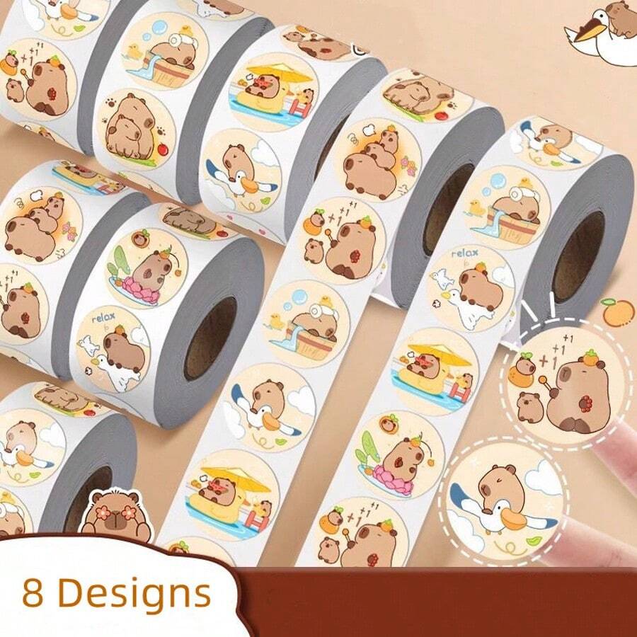 500pcs Stickers Per Roll Featuring Adorable Capybara Designs, Suitable For Decorating Journals, Notebooks, Envelopes, Gifts, School And Office Supplies, DIY Projects, And Waterproof PVC Decals. - Multicolor - View 1