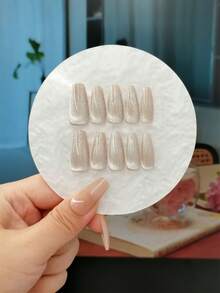 10入組裸色反光閃爍貓眼手工製作假指甲-短型橢圓形假指甲，適合日常穿着、派對假指甲補給品 - 彩色 - 查看 2