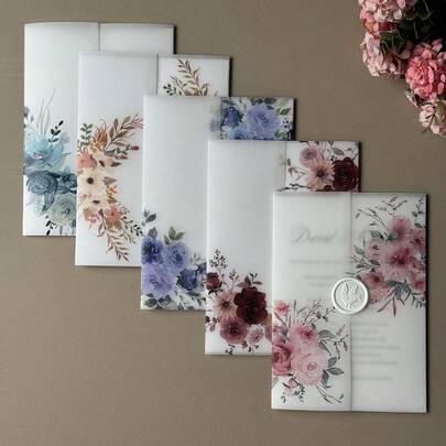 20pcs Purple/PINK/Blue/Orange Watercolor Flower With Leaf Vellum Wrap Suitable For A 5 X 7 Wedding Invitation,Diy Invitation,Vellum Jacket,Custom Invitation Summer Birthday Gifts Beach Back To School School Supplies Room Decor