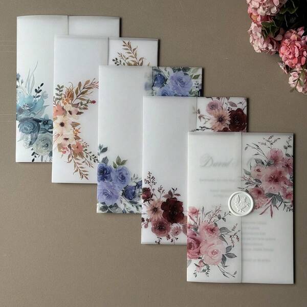 20 piezas de envoltura de veloz con flores de acuarela en púrpura/rosa/azul/naranja con hojas, adecuada para invitaciones de boda de 5 x 7, invitaciones DIY, chaquetas de veloz, invitaciones personalizadas, regalos de cumpleaños de verano, suministros escolares, decoración de habitaciones