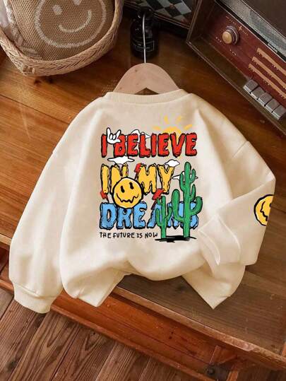 1 Boy's Long Sleeved Round Neck Pullover With "I BELIEVE IN MY DREAMS" Print Pattern, Providing A Comfortable, Fashionable, And Casual Autumn And Winter New Top For Young Boys/Tween Boys/Teen Boys