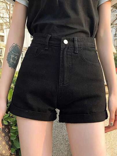 女式高腰牛仔短裤，夏季，宽松，修身，A字形，磨损下摆，热裤，百慕大短裤