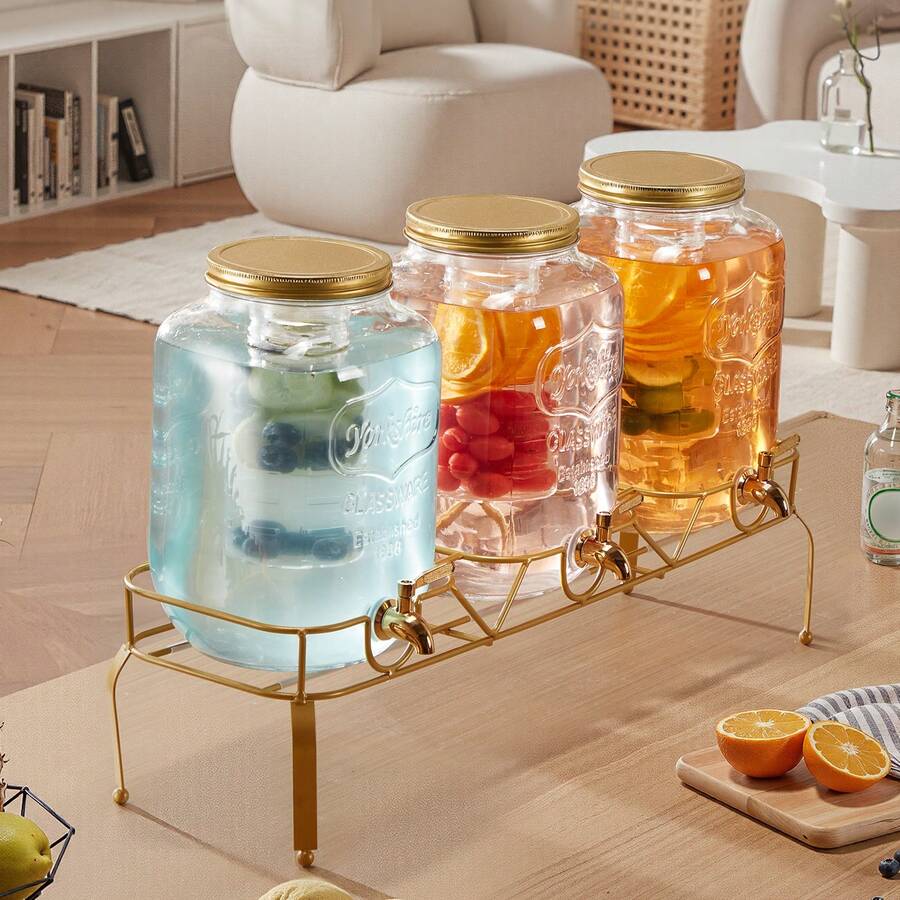 Beverage Dispenser, 3 Pack 2 Gallon Drink Dispensers For Parties, Glass Juice Dispenser With Metal Stand, Stainless Steel Spigot, Infuser, Iced Tea Lemonade Juice Water Dispensers For Parties - Glass 3x 2 Gal - 查看 1