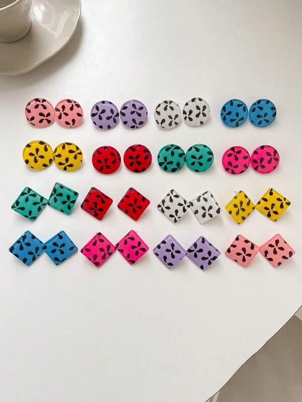 1 Pair Classic Candy Color Versatile Casual Square/Round Creative Pattern Earrings, Popular Fashion Earrings For Women