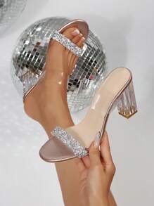 1 Pair Girls/Teens' Crystal Heel Sandals, Open Toe Chunky Heeled Slip-On High Heels With Rhinestone Straps, 8.5cm Heel Height, Comfortable & Anti-Slip, Suitable For Spring/Summer Holidays, Latest 2025 New Arrivals