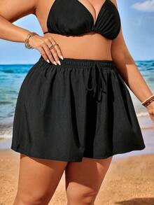 Swim Lushoire Plus Size Women's Solid Color Waist Tie Casual Beach Shorts Summer - Black - View 2