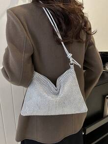 Bolso de mano grande de estilo casual y elegante con detalles metálicos, ideal para el transporte diario en verano, bolso de hombro/axila/mano con estilo - Plateado - Ver 5