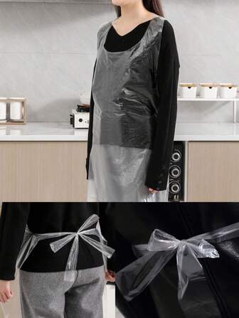 100 件塑料防水围裙，防水防污围裙，适用于烹饪、用餐、绘画、园艺清洁、餐厅 DIY 商店用品、厨房配件、厨房、浴室、家居、家居用品，独立包装，男女通用厨房防护服，食品服务一次性配件 1 件