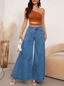 Women's Loose Wide Leg Button Fly Jeans With Pockets, Elegant & Sexy Denim Zipper Design - Light Wash - View 6