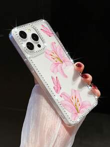 1 pieza Funda de teléfono de silicona suave transparente con estilo Ins con rhinestones, con patrón rosa Lily y mariposa, cubierta protectora brillante de pantalla completa compatible con I Max 11/12/13/1416 Pro Max/X/XXS/ XR/16E, adecuado para mujeres