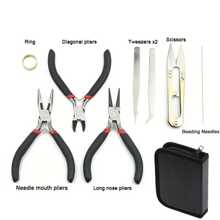 Juego de herramientas de alicates de alambre de acero que incluye alicates de nariz curva, calibrador de anillos, bolsa de almacenamiento - Materiales DIY para hacer joyas, anillos de salto y reparación de joyas, suministros de envoltura y manualidades