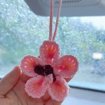 Hibiscus Flower Car Hanging Ornament,Crochet Pink Hawaiian Flowers Bag Charms Decor,Summer Tropical Flowers For Car Rear View Mirror Hanger Women Beach Accessories Decorations