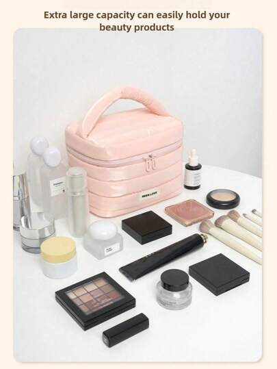 1Pc/Set Quilting Soft Balletcore Multi-Functional Travel Cosmetic Bag Large Capacity Cosmetic Bag,Solid Color Simple Style, Four Colors Optional,Fashionable Portable Makeup Bag Makeup Pouch Skincare Bag