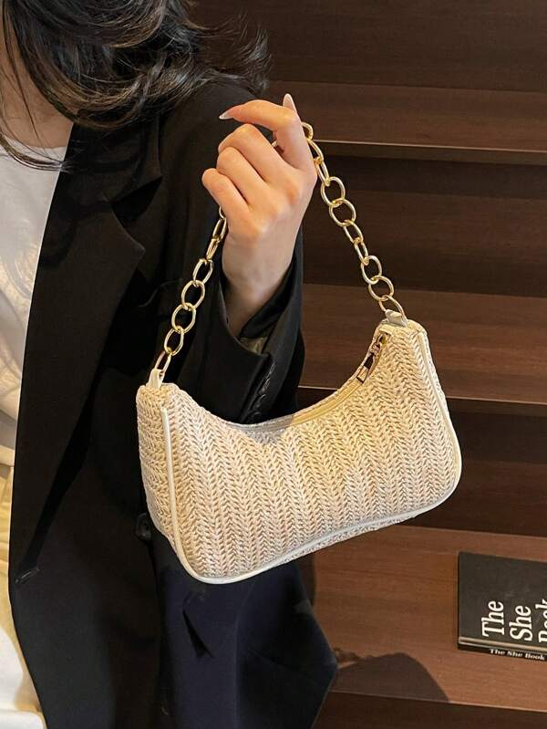 Bolsa de Ombro Nova da Moda com Design de Nuvem em Cor de Bala, Bolsa Fofa Debaixo do Braço, Bolsa de Palha, Perfeita para a Praia no Verão