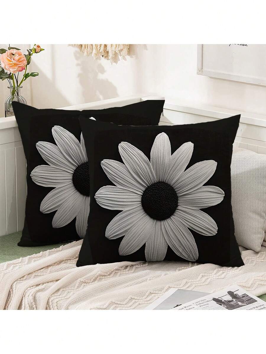 2 pièces Housses de coussin décoratif vintage à motif marguerite noir et blanc, taille 18" X 18", en velours doux, lavables en machine, 100% polyester, avec fermeture à glissière, pour canapé, lit, voiture, salon - Insert de coussin non inclus