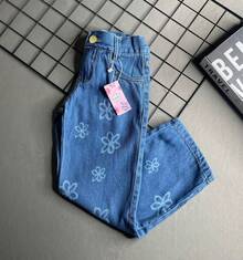 Calça Jeans Wide Leg Desenho Flor Infantil Juvenil Menina - Lavagem Média - Visão 4