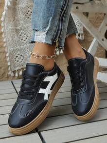女士新款系带黑色牛津鞋，大码女鞋，现代时尚户外/校园/休闲运动鞋 - 黑色 - 查看 7