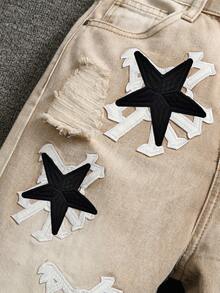 Teens' Fashion Distressed Denim Jeans With Double Embroidery Star Design - Khaki - View 4