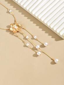 1pc Elegant Fashion Round Snake Chain Y-Shape Small Flower Pendant, 3 Strand Faux Pearl Beads Unique Women Long Necklace, Suitable For Casual, Daily, Party, Any Occasion