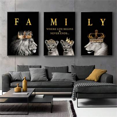 3pcs Modern Abstract Lion Family Inspirational Quote Canvas Wall Art Painting, Suitable For Living Room Decor, Frameless