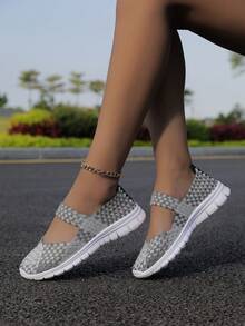 Rhombus Pattern Colorblock Plaid Bohemian Casual Elegant Woven Criss-Cross Embroidered Sneakers, Suitable For Casual, Work, Outdoor, Indoor And All Seasons - Gray Silver - View 4