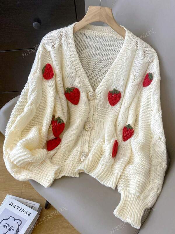 JIANHU V-Neck Hollow Three-Dimensional Decoration Cute Style Cardigan