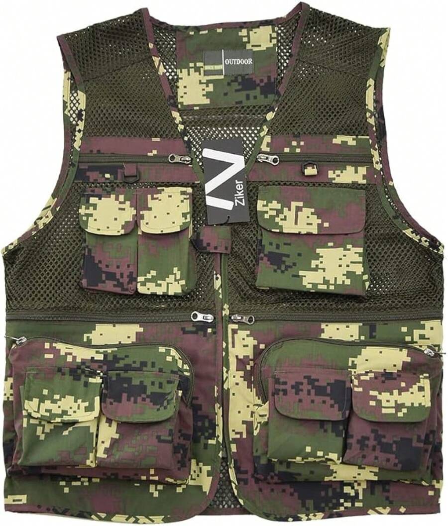 Men's Mesh Breathable Openwork Camouflage Journalist Photographer Fishing Vest Waistcoat CoatChristmas FW4R - Ngụy trang màu xanh lá cây - Xem 1