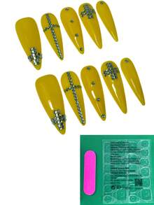 10 pezzi di unghie finte applicate, realizzate a mano, rimovibili, realistiche, lunghe e appuntite, con design originale , gioielli in diamante giallo e blu, minimalista, forniture per unghie estive in stile Y2K, con adesivi e colla per unghie per donne e ragazze