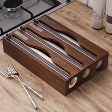 1pc Brown Bamboo Plastic Wrap Dispenser With Cutter, 3 In 1 Aluminum Foil Wax Paper Organizer, 33*21*7cm Kitchen Drawer Storage Box - Multicolor - View 3