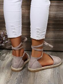 女士平底凉鞋，加大码，罗马风格，系带帆布平底鞋，春秋季 - 灰色 - 查看 7