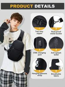 学生单肩包、钱包包、旅行包、带多口袋和 USB 端口的斜挎包、防水多功能包、带可调节肩带的斜挎包、带多隔层和拉链的胸包、适合学生、女孩和男孩的黑色书包 - 多色 - 查看 10
