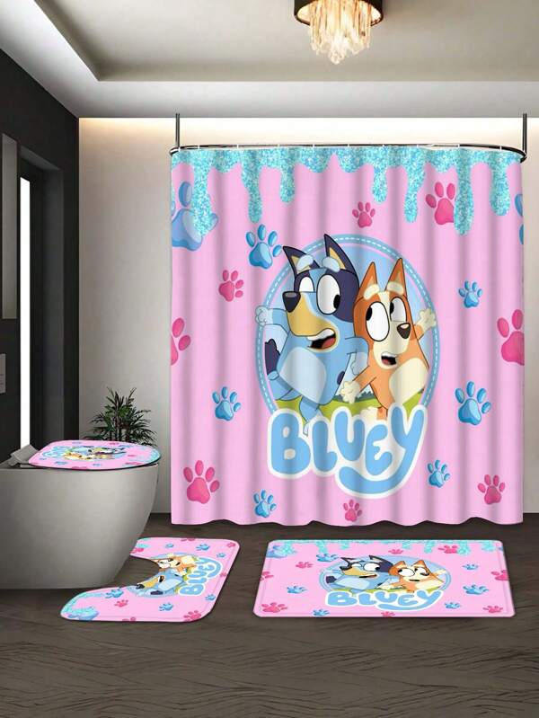 Bluey [Bluey Shower Curtain Window Curtain Shower Set] 1/3/4pcs Bluey Family Printed Shower Curtain Set, Modern Design, Suitable For All Seasons, Waterproof Polyester Hanging Hooks And Liner, Flannel Material, Soft Surface, Bathroom Anti-Slip Mat, Includes Bath Mat, Toilet Mat, U-Shaped Mat And Bathroom Accessories, With 12 Hooks, Suitable For Bathroom And Home Decor, Ideal Holiday GiftBathroom Decor